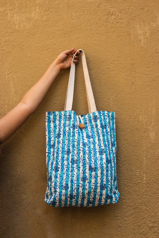 Cotton Shopping Tote Bag · Flowers With Stripes Blue