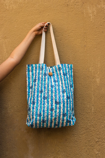 Cotton Shopping Tote Bag · Flowers With Stripes Blue