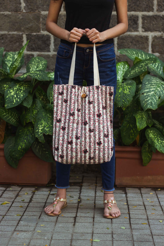 Cotton Shopping Tote Bag · Flowers With Stripes Red