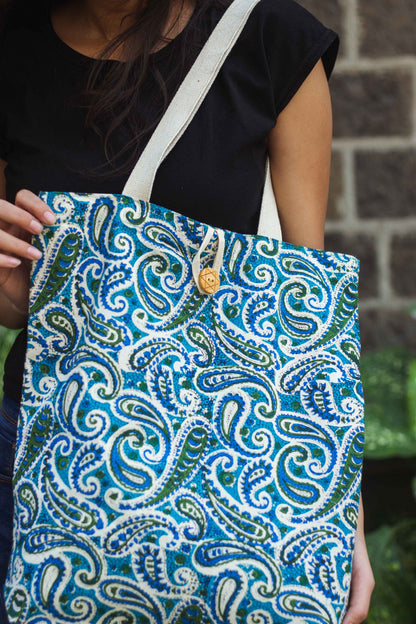 Cotton Shopping Tote Bag · Paisley Delight Blue