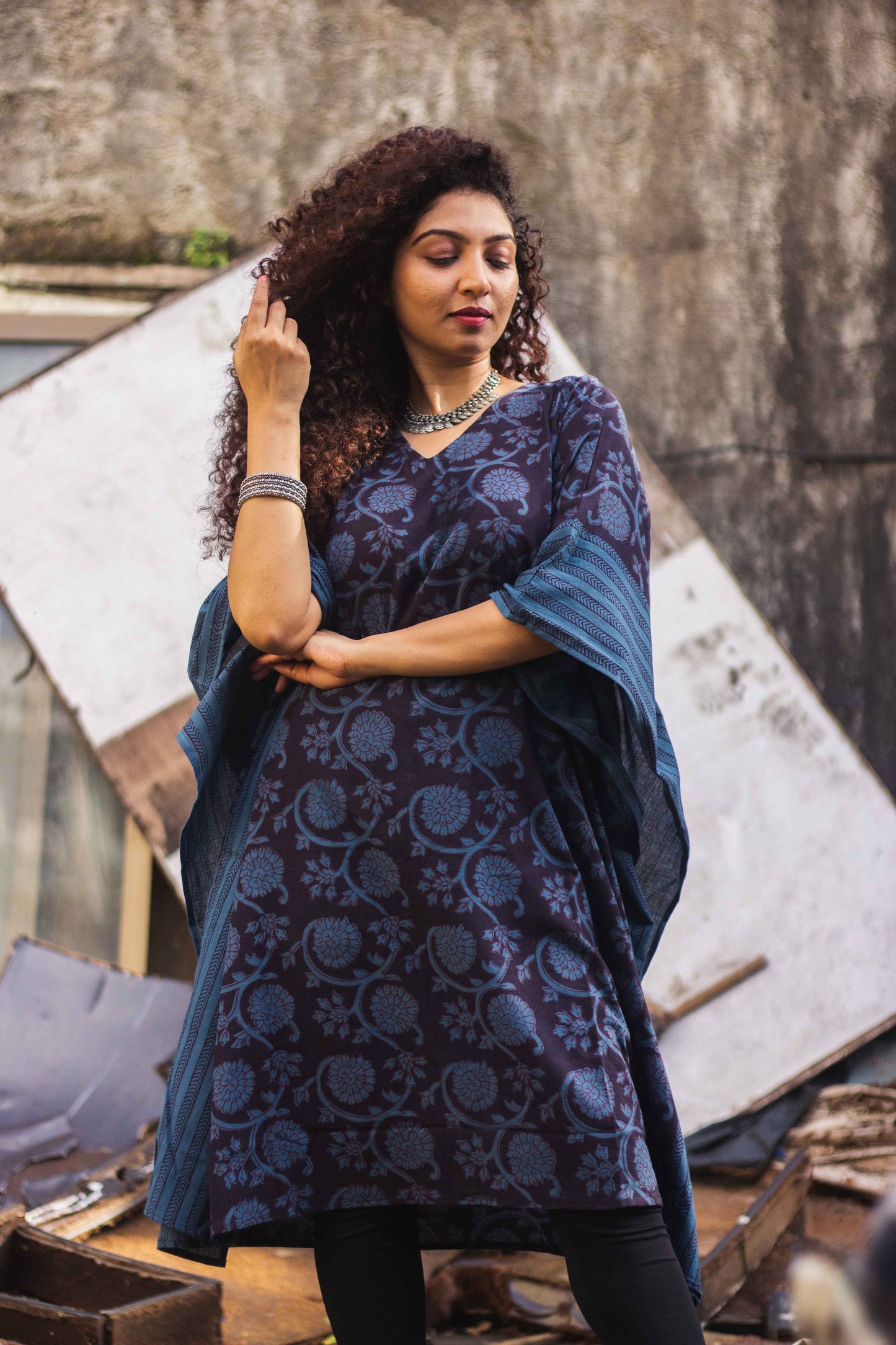 Cotton Bagh Block-Printed Kaftan Dress · Phulwaari Blue