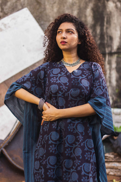 Cotton Bagh Block-Printed Kaftan Dress · Phulwaari Blue