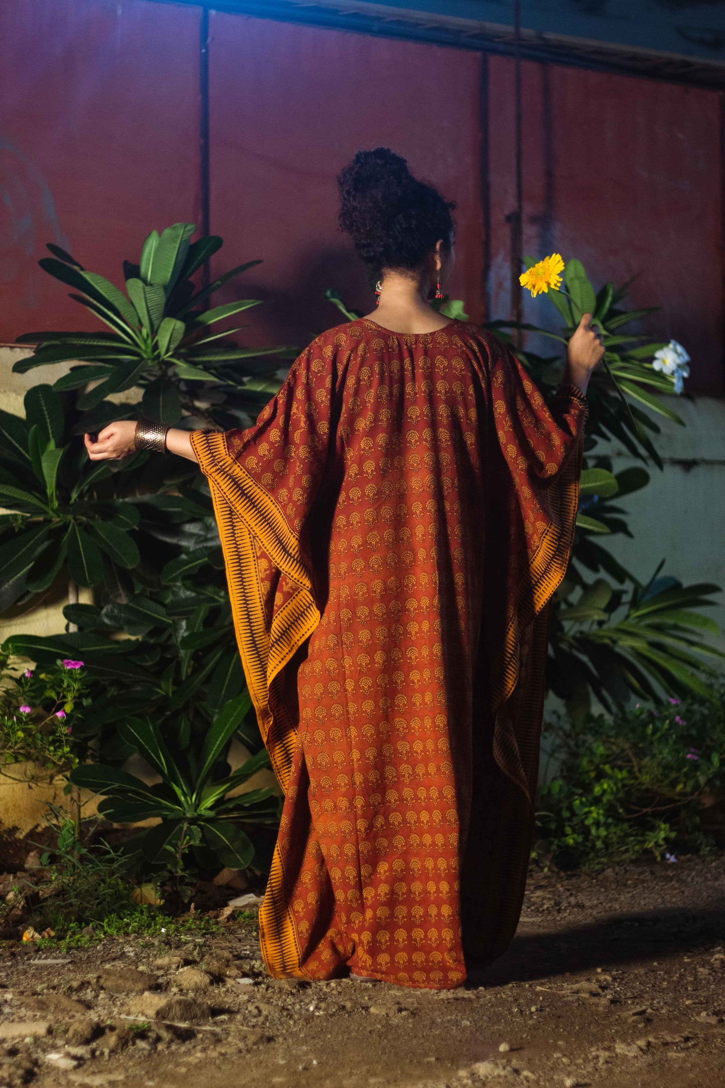 Cotton Bagh Block-Printed Long Maxi Kaftan · Palash Mustard