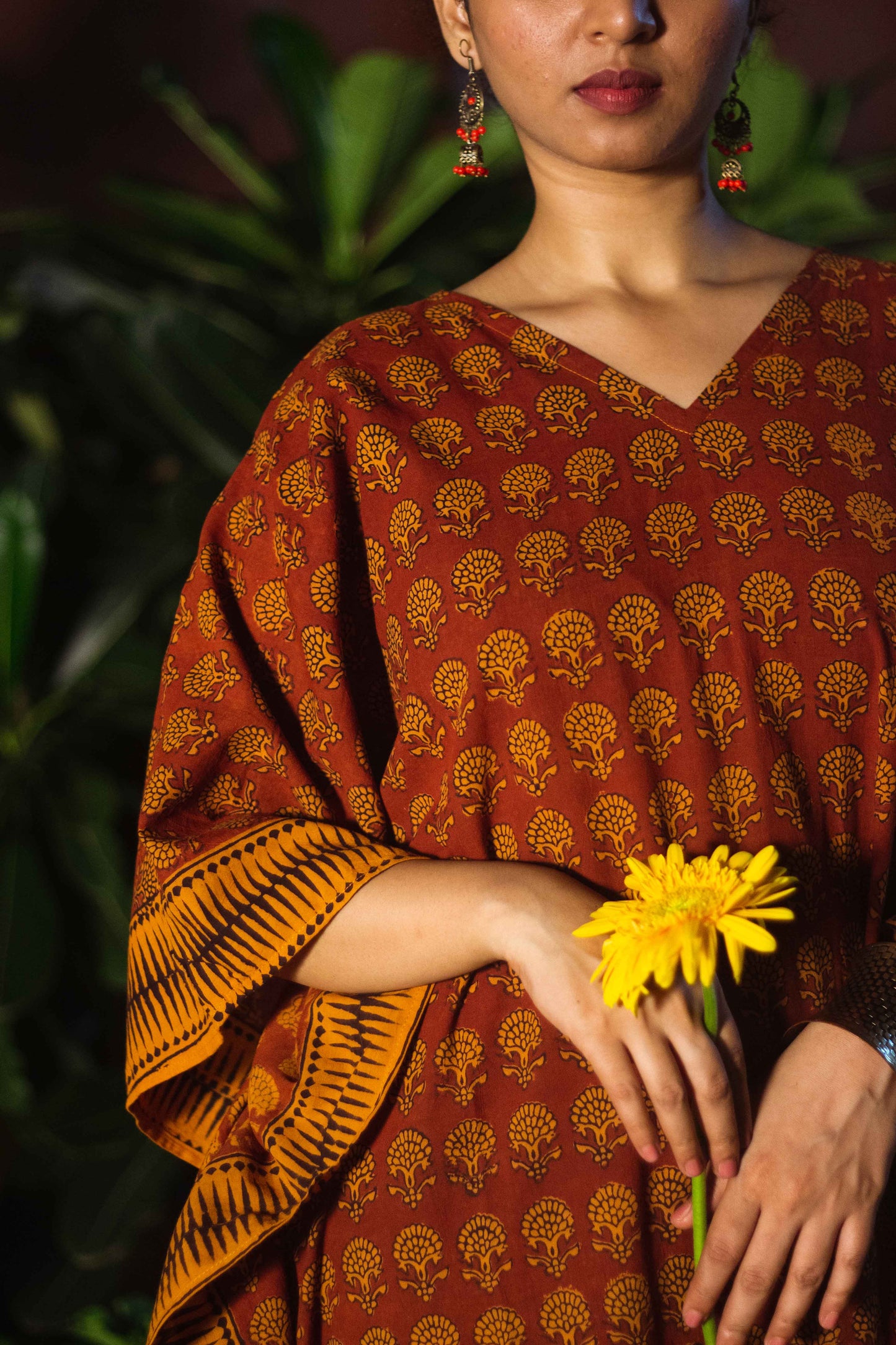 Cotton Bagh Block-Printed Long Maxi Kaftan · Palash Mustard