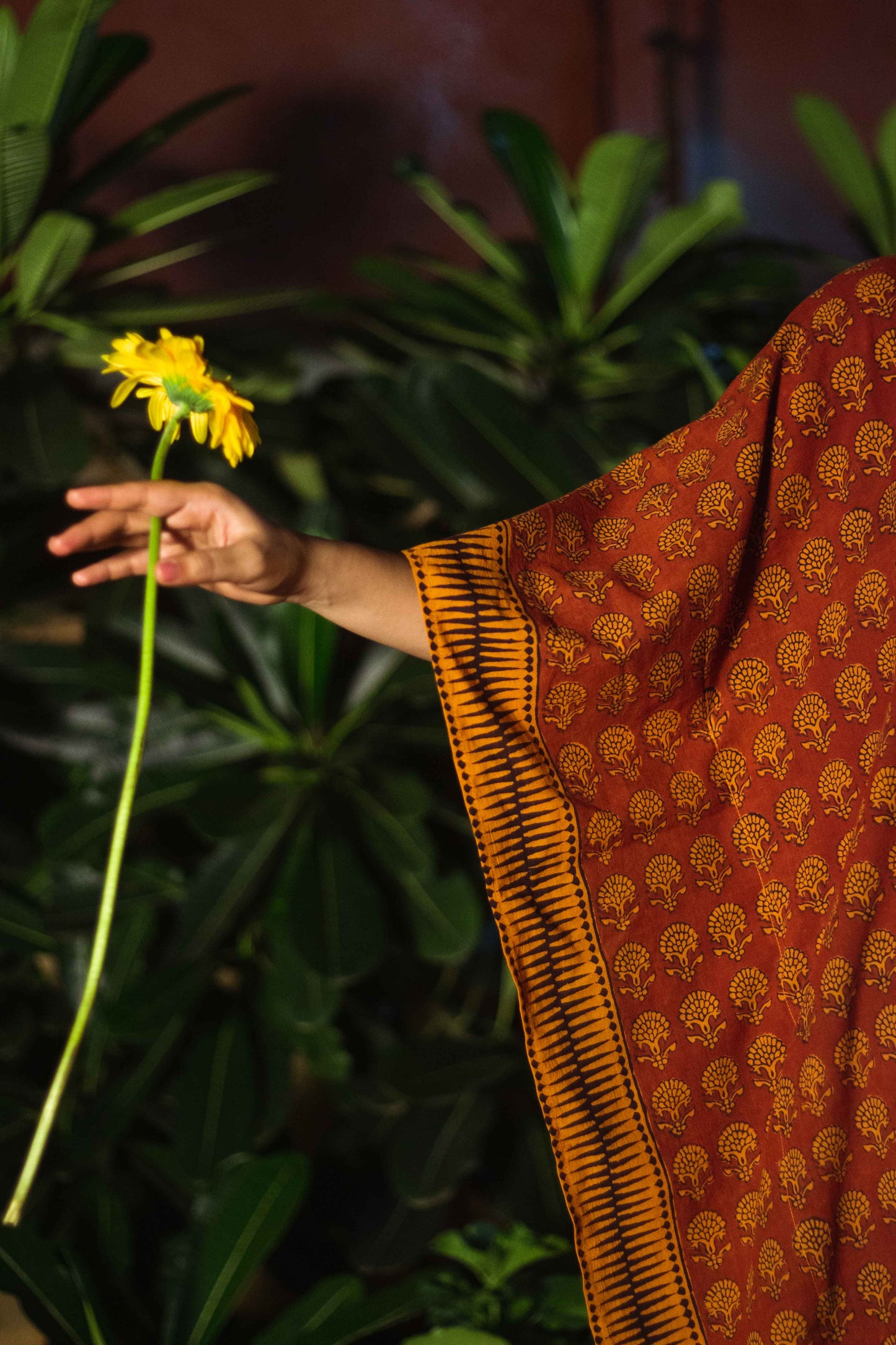 Cotton Bagh Block-Printed Long Maxi Kaftan · Palash Mustard