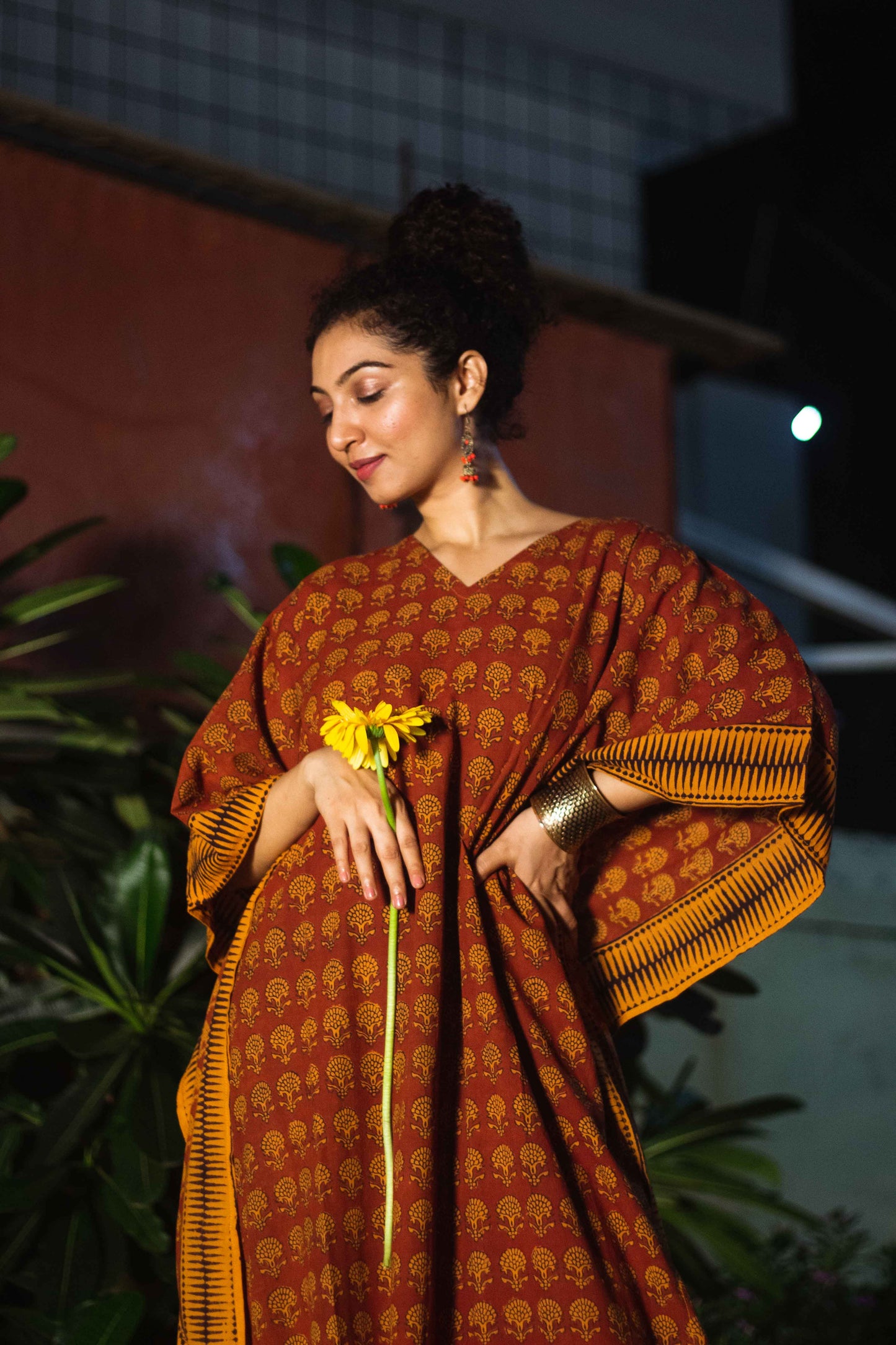 Cotton Bagh Block-Printed Long Maxi Kaftan · Palash Mustard