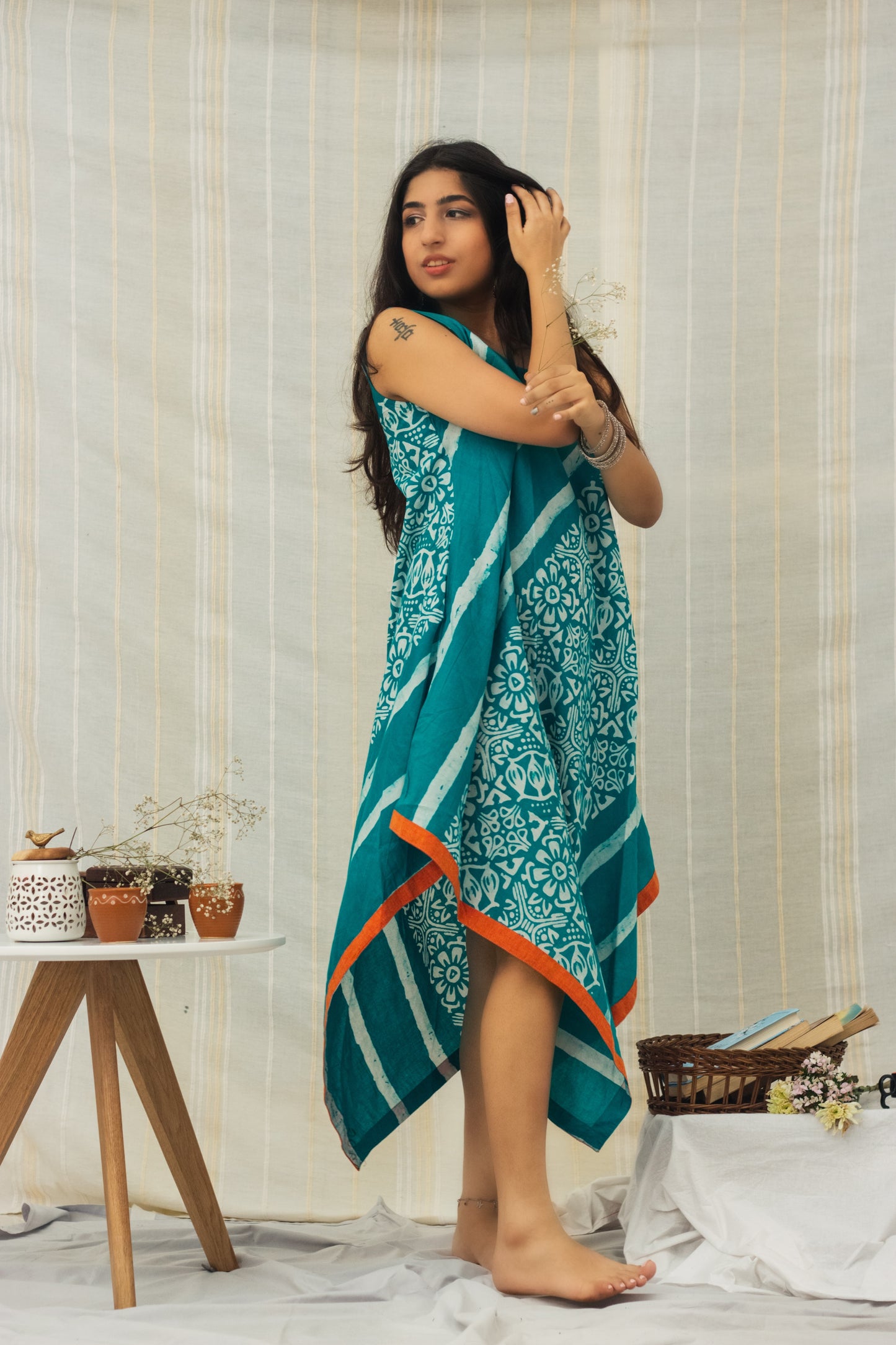 Cotton Batik Block Printed Tunic Dress • Floral Green