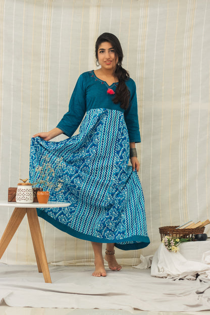 Cotton Batik Block Printed Tunic Dress • Multi Panelled Blue