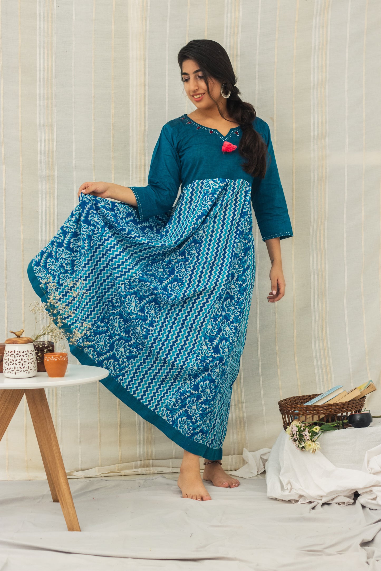 Cotton Batik Block Printed Tunic Dress • Multi Panelled Blue