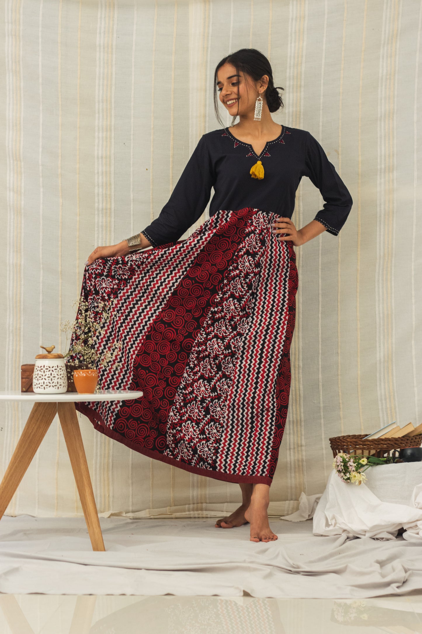 Cotton Batik Block Printed Tunic Dress • Multi Panelled Maroon