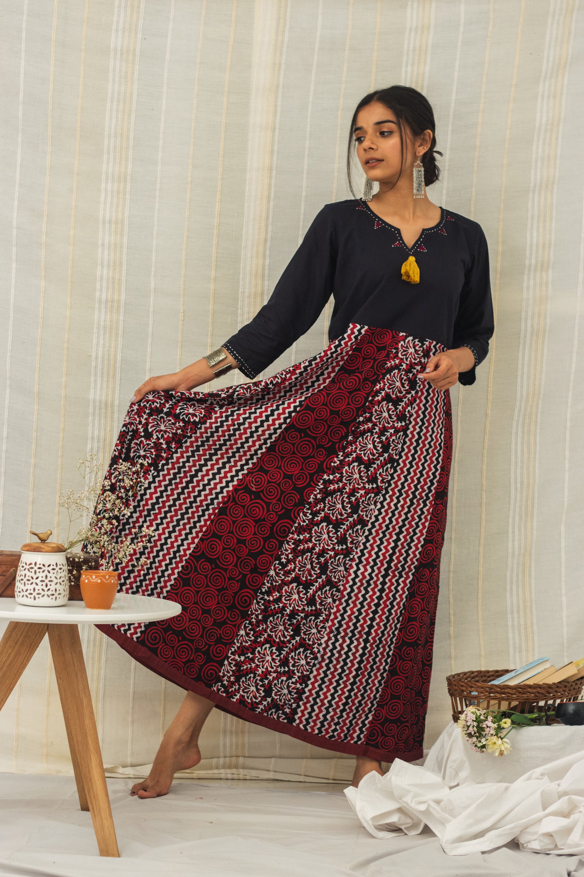 Cotton Batik Block Printed Tunic Dress Multi Panelled Maroon Cotton Batik Block Printed Tunic Dress Multi Panelled Maroon