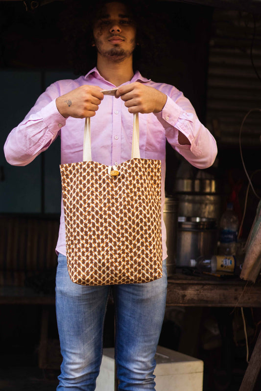 Cotton Shopping Tote Bag · Chevron Beige