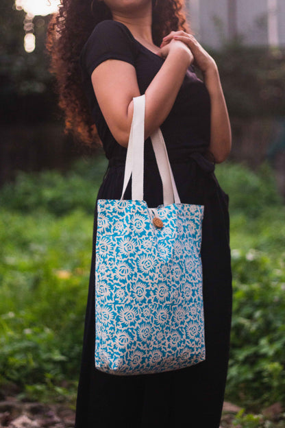 Cotton Shopping Tote Bag · Floral Fun Blue