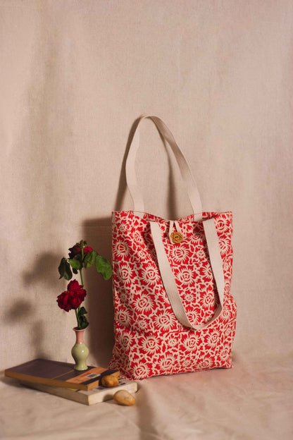 Cotton Shopping Tote Bag · Floral Fun Red