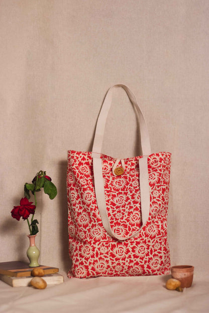 Cotton Shopping Tote Bag · Floral Fun Red
