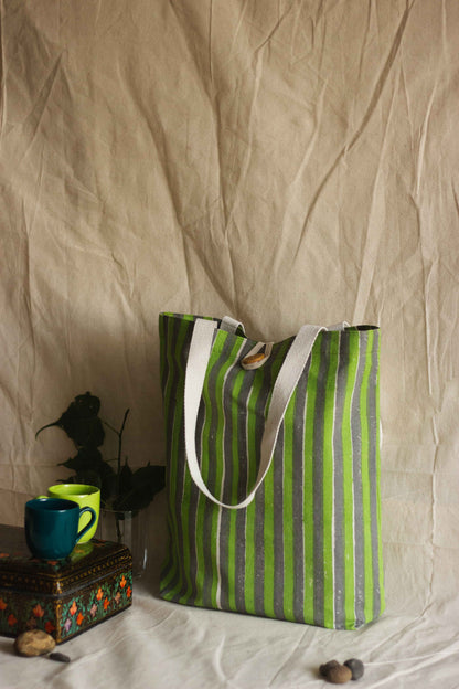 Cotton Shopping Tote Bag · Striped Green and Grey