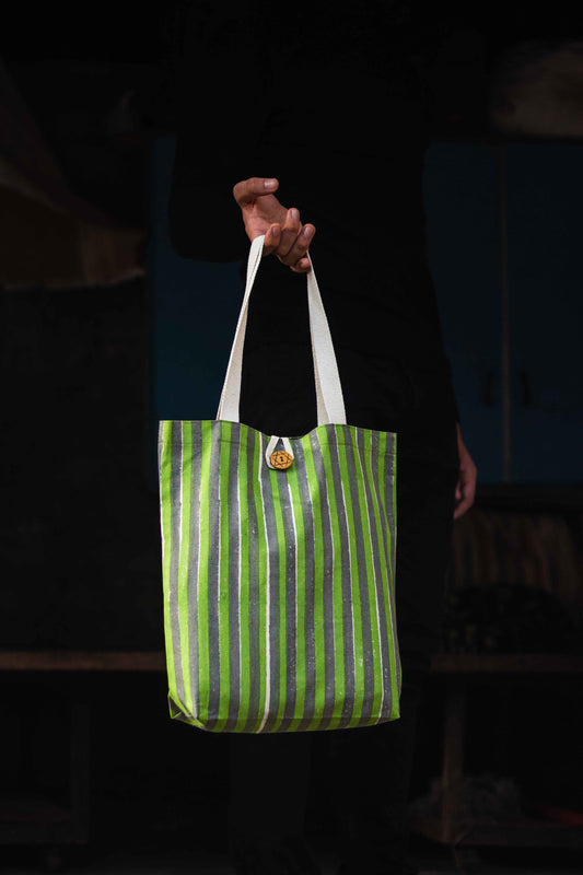 Cotton Shopping Tote Bag · Striped Green and Grey