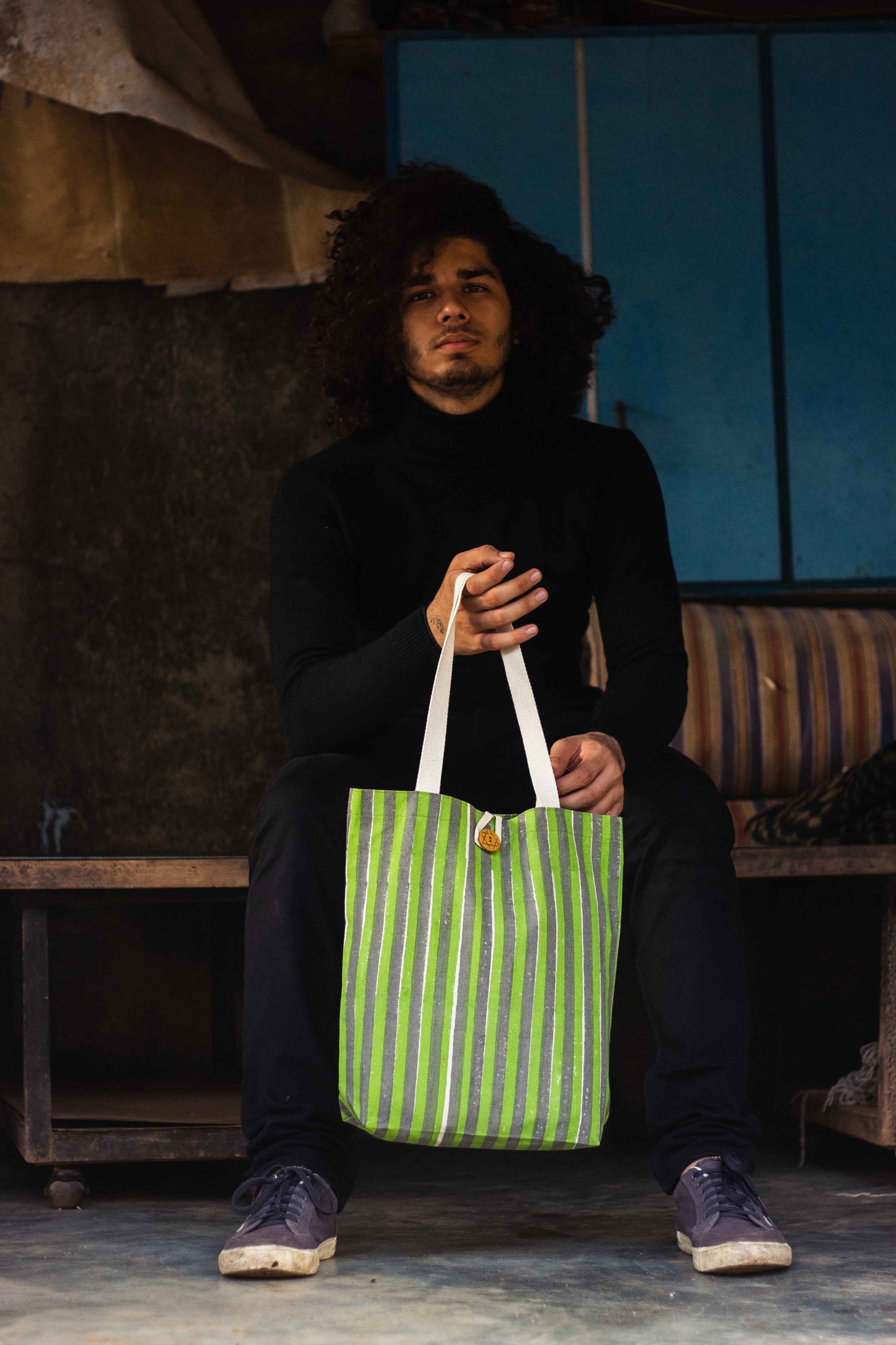 Cotton Shopping Tote Bag · Striped Green and Grey