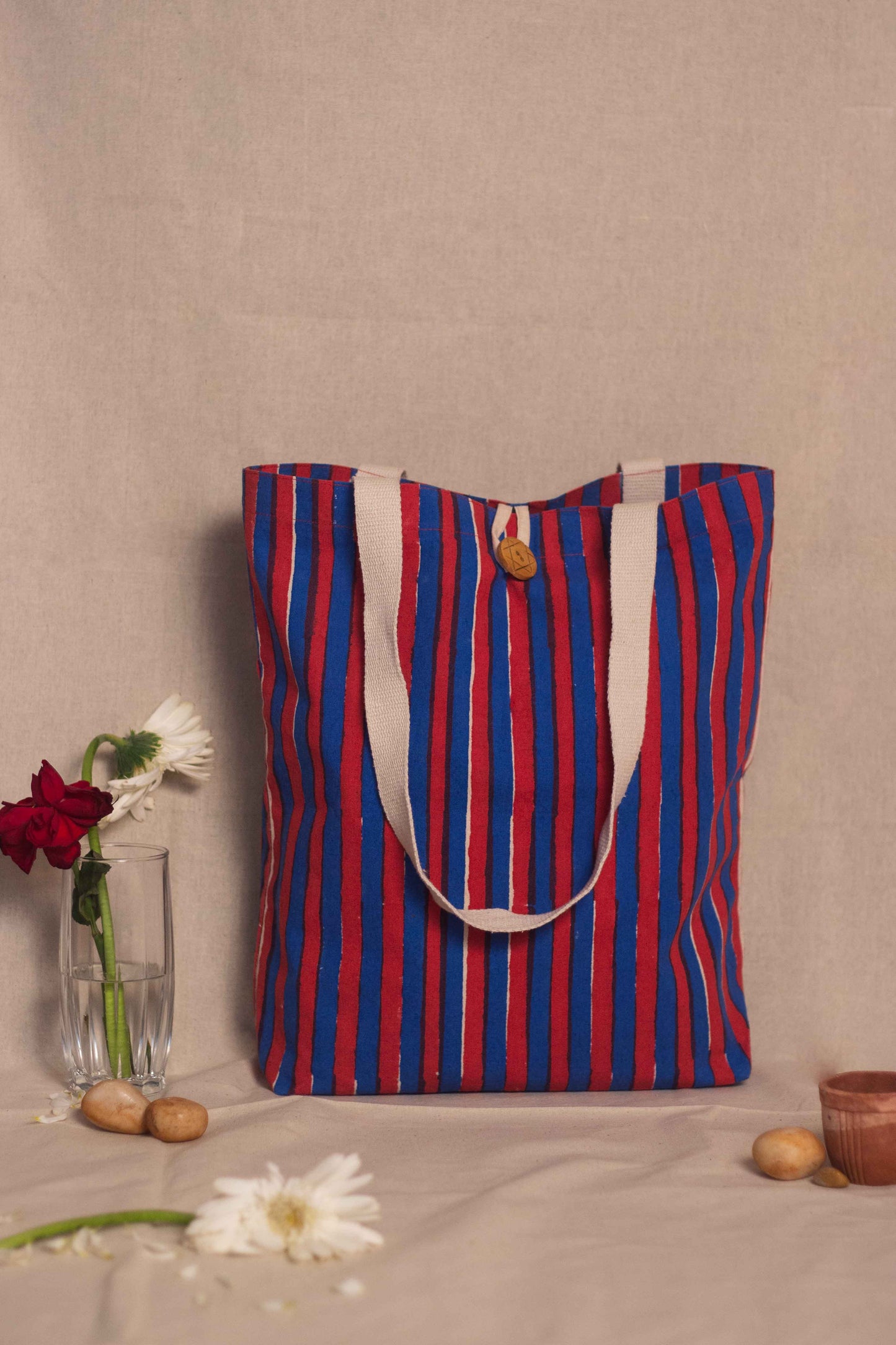 Cotton Shopping Tote Bag · Striped Red and Blue