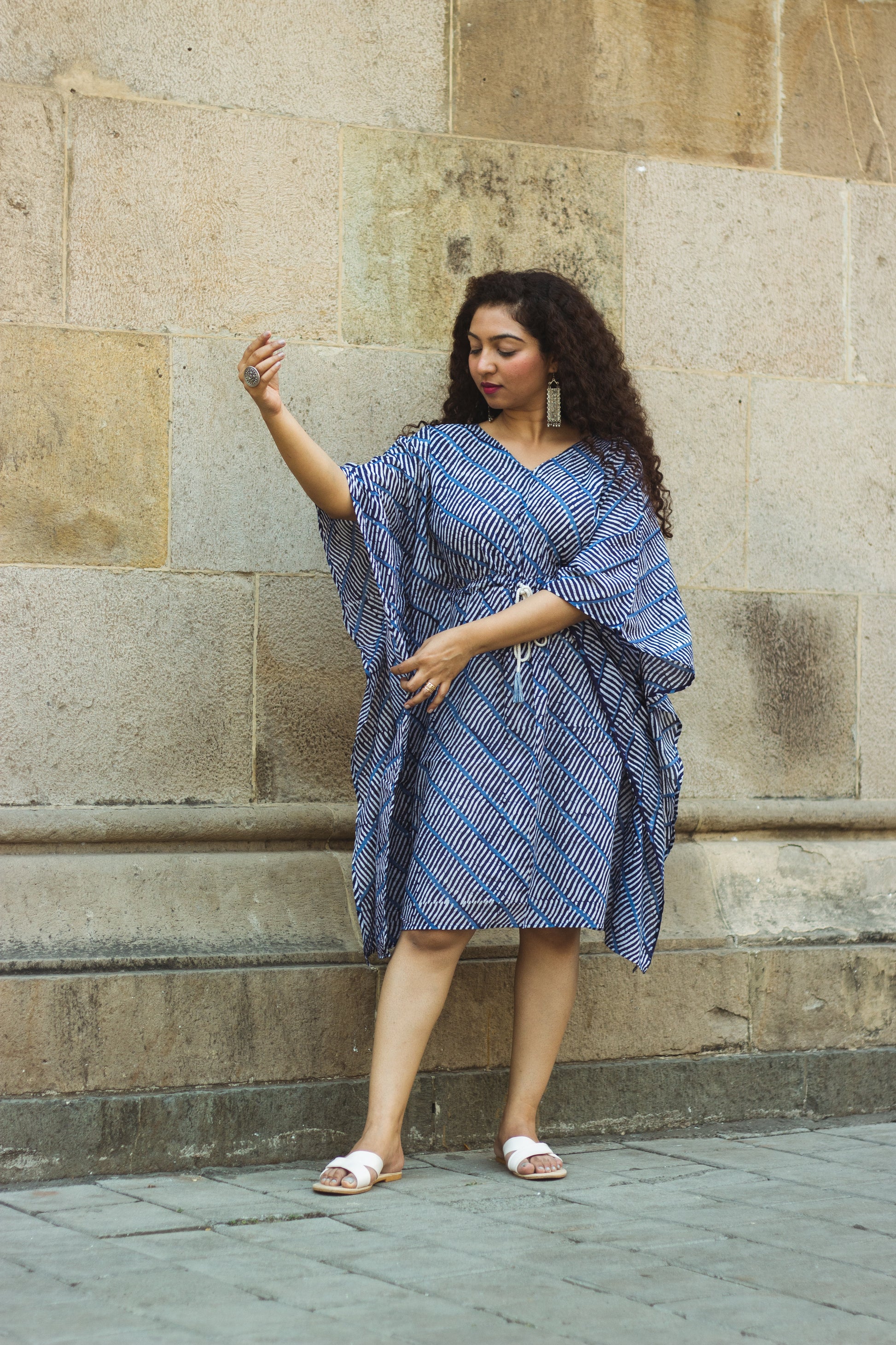 Cotton Mul Batik Kaftan Tunic Dress Blue Leheriya rusticblends Cotton Mul Batik Kaftan Tunic Dress Blue Leheriya rusticblends