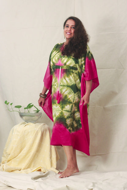 Cotton Mulmul Tie Dye Kaftan Dress · Leafy Orchids