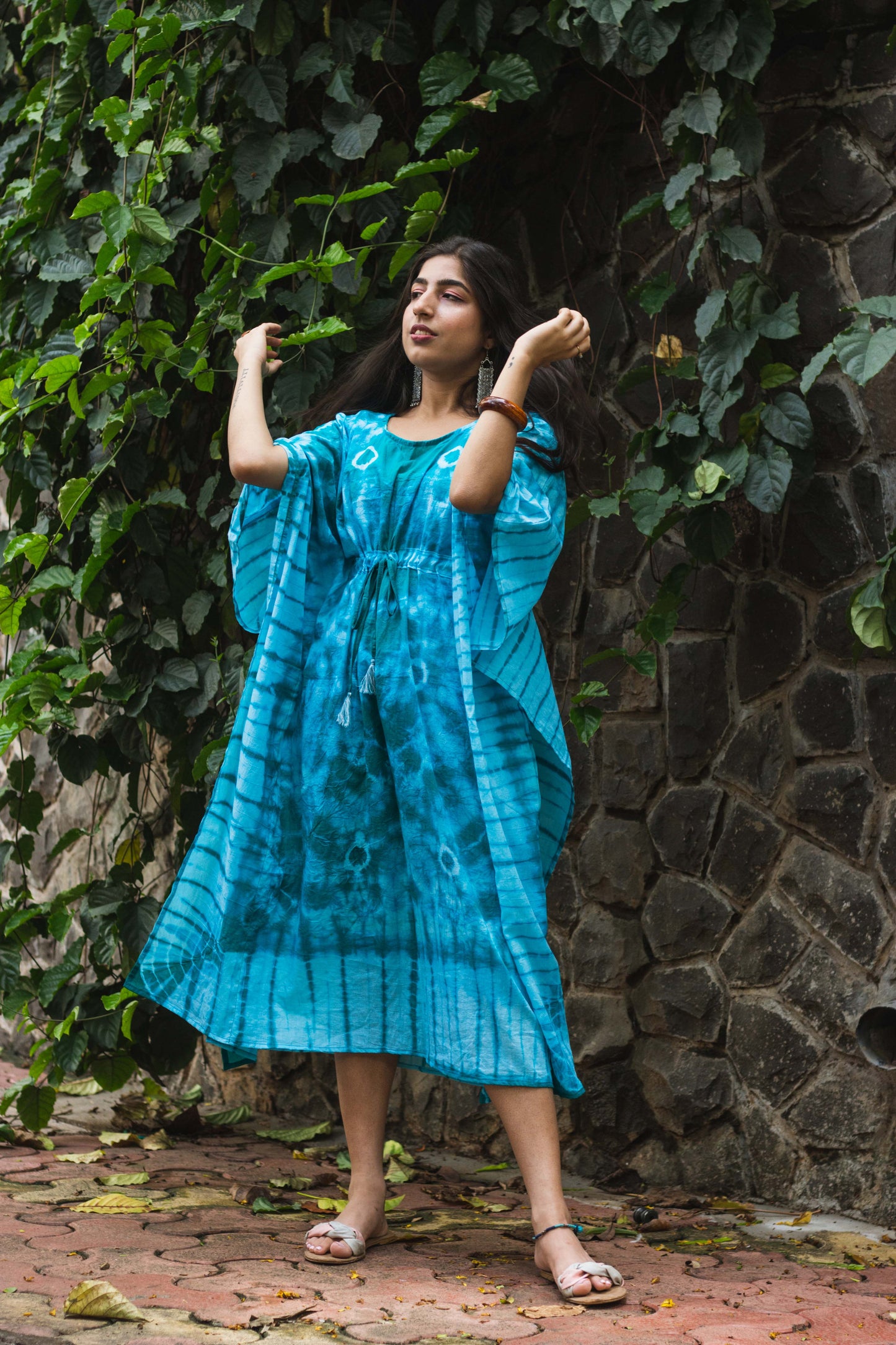 Cotton Mulmul Tie Dye Kaftan Dress · Minty Emerald