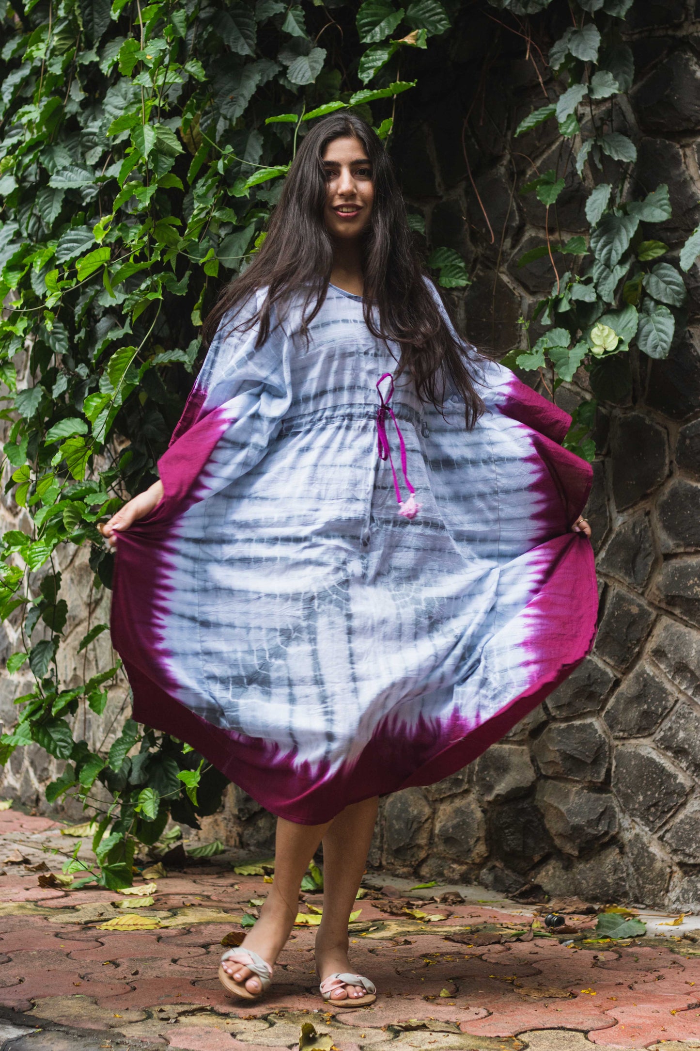 Cotton Mulmul Tie Dye Kaftan Dress · Wine in Steel