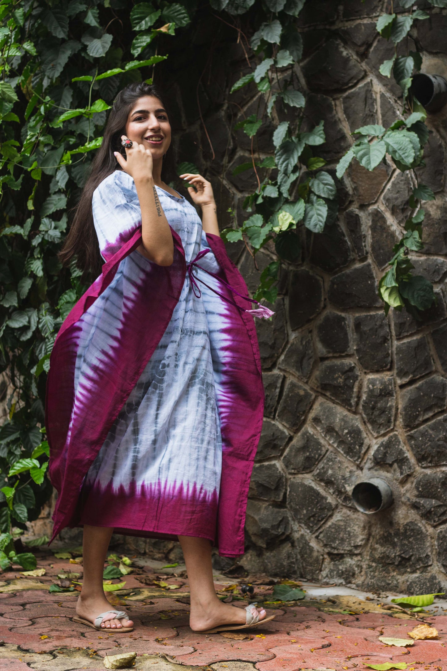 Cotton Mulmul Tie Dye Kaftan Dress · Wine in Steel