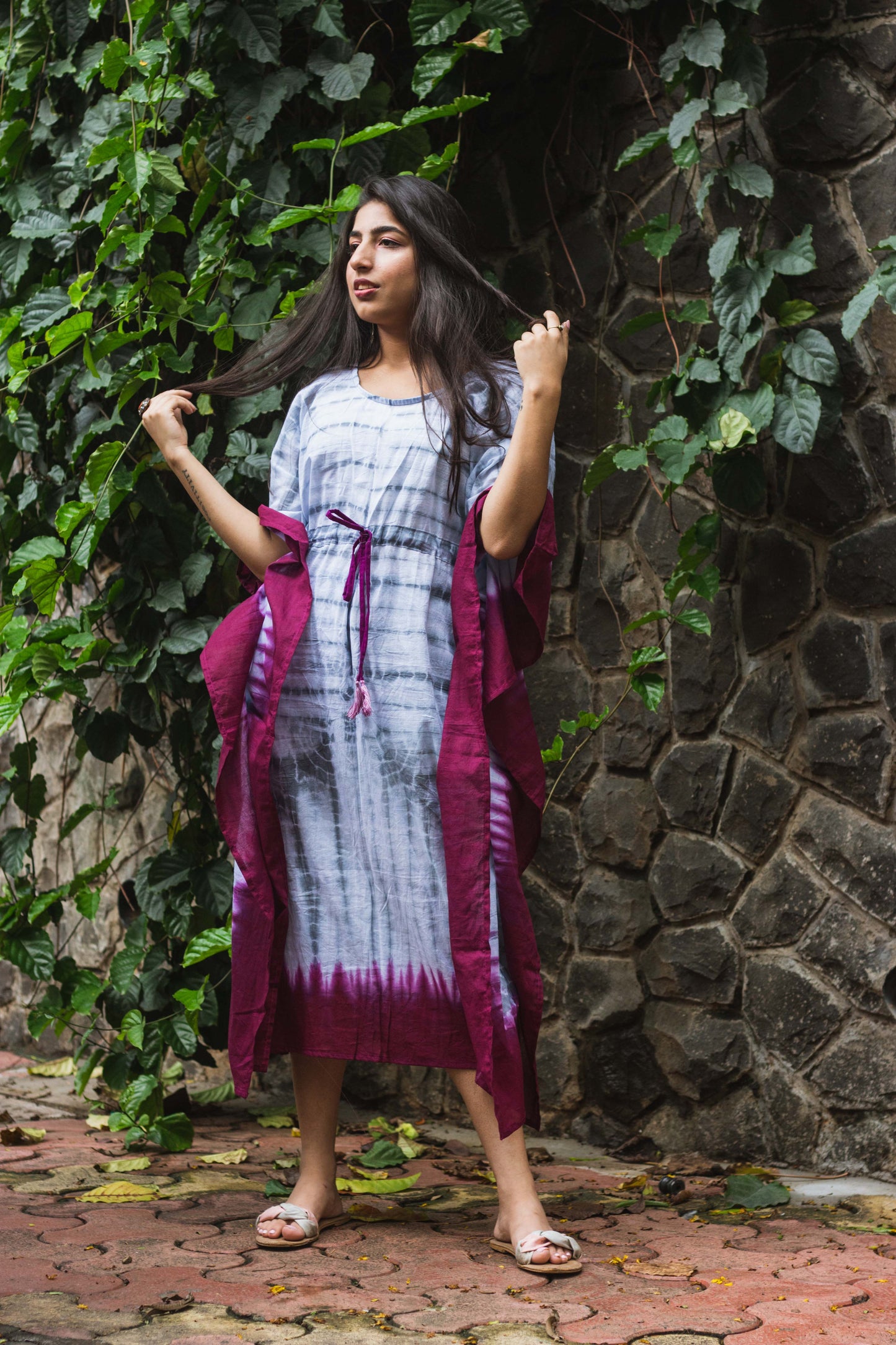 Cotton Mulmul Tie Dye Kaftan Dress · Wine in Steel