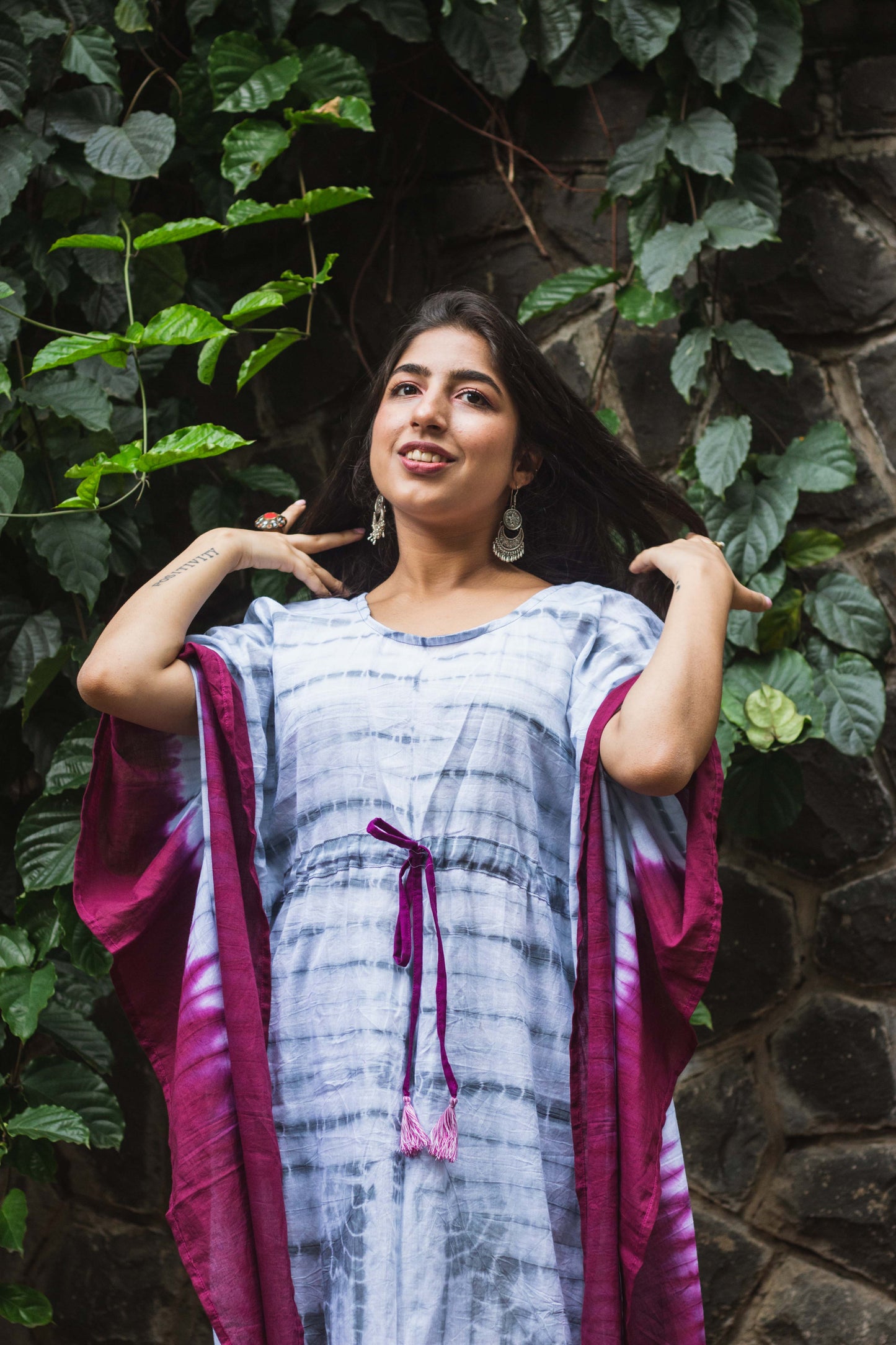 Cotton Mulmul Tie Dye Kaftan Dress · Wine in Steel