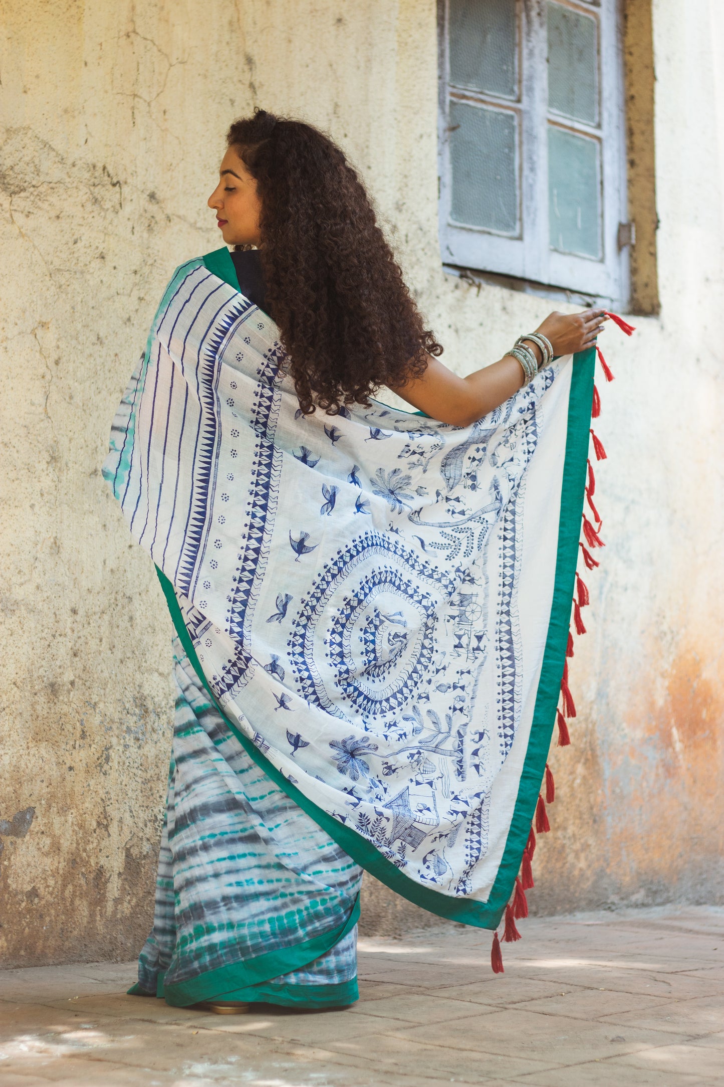 Exclusive Tie Dye Cotton Mul Saree • Handpainted Warli Art (Trees)