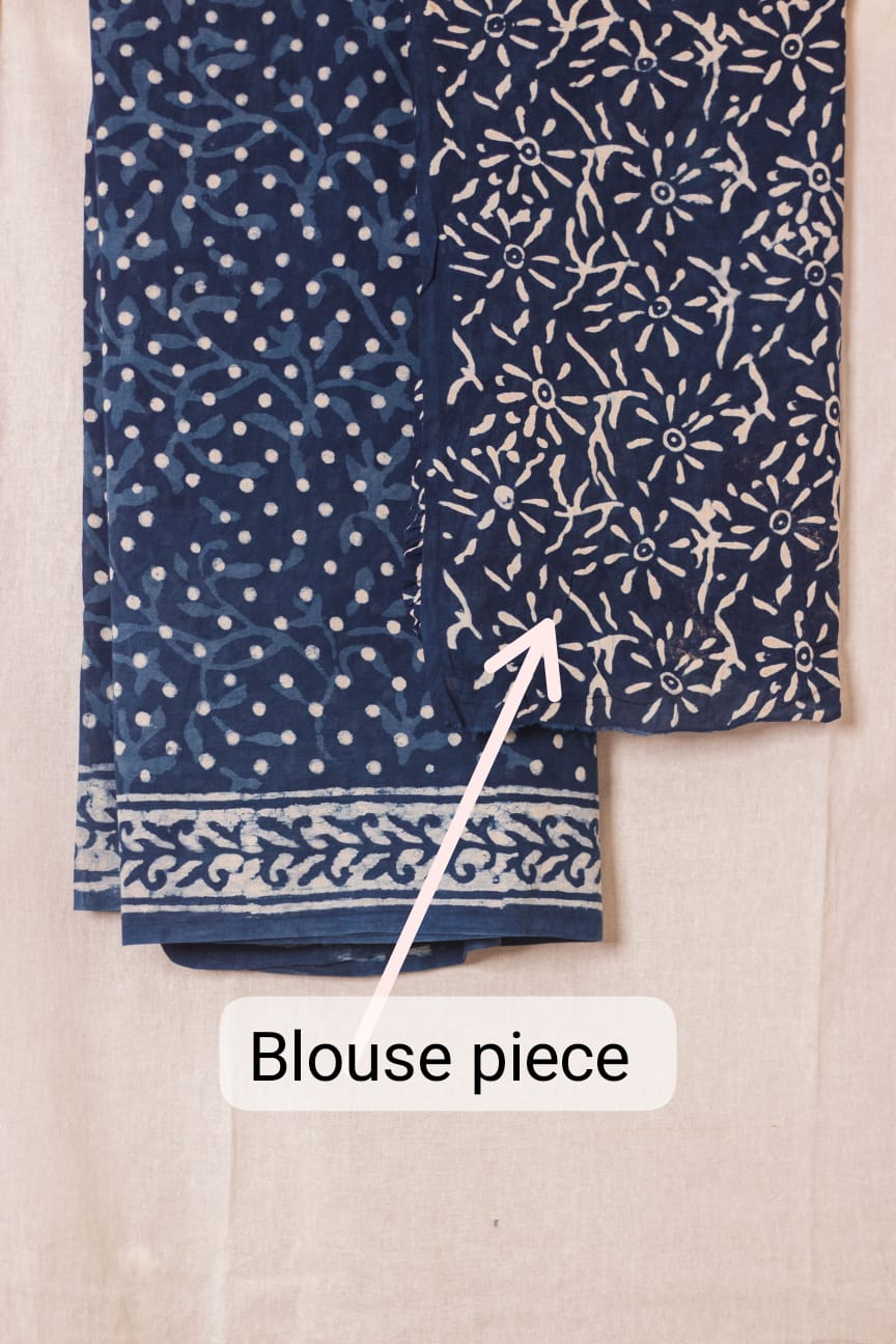 Cotton Mul Bagru Saree Indigo Dots