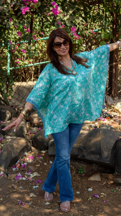 Hand Block Printed and Hand Painted Cotton Mul Kaftan · Teal Jaal