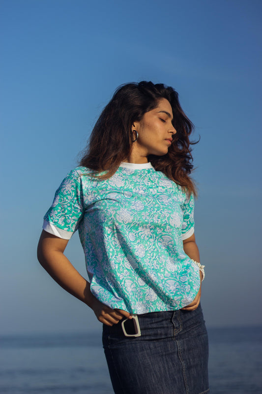 Block Printed T-shirts - Floral Teal