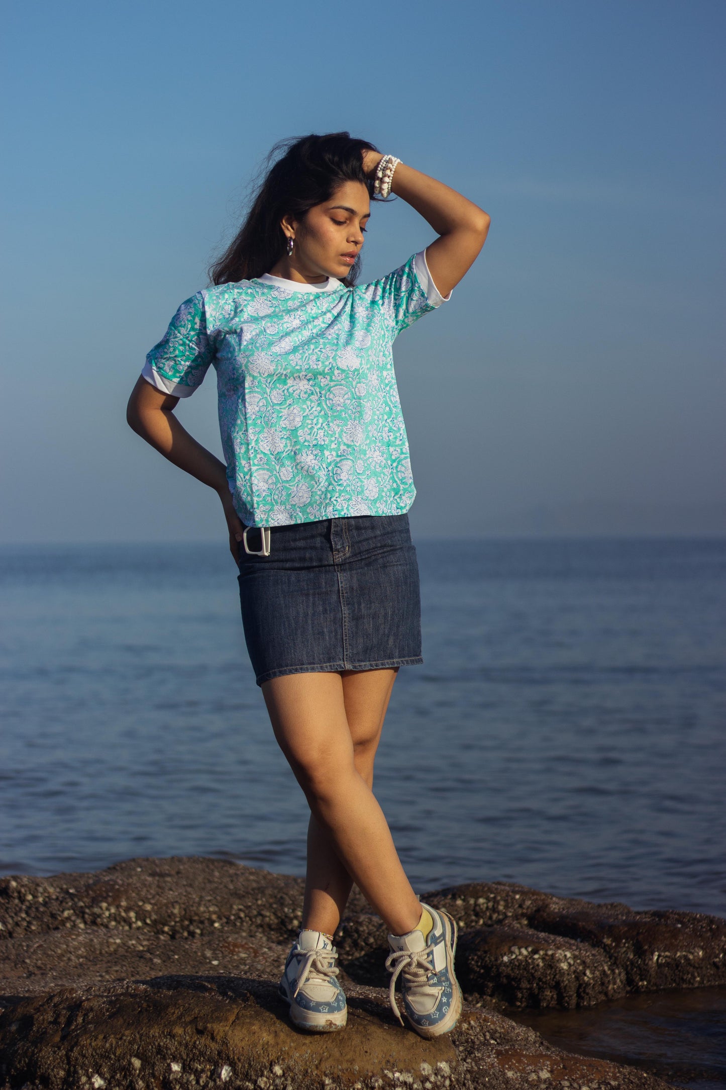 Block Printed T-shirts - Floral Teal