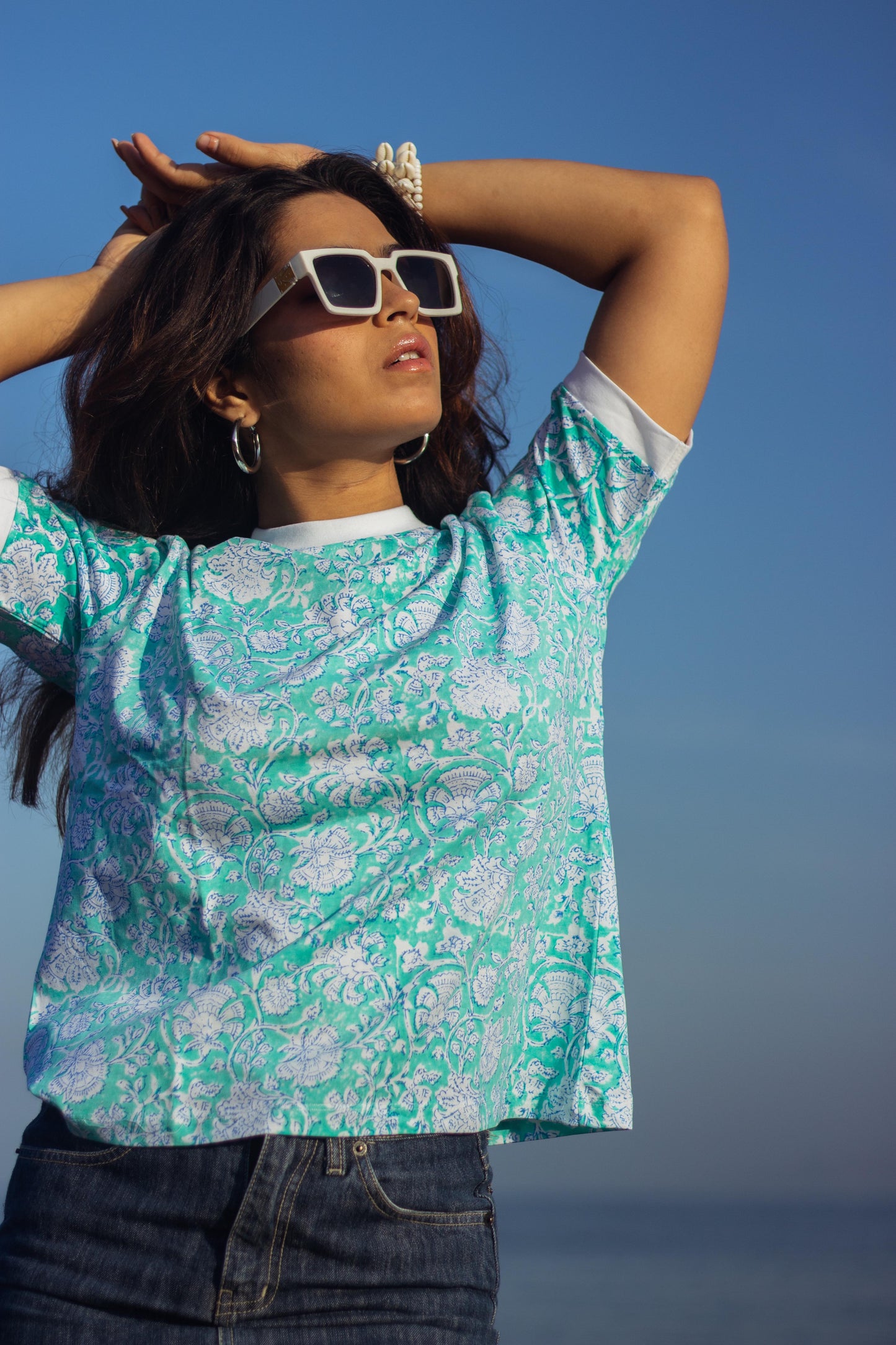 Block Printed T-shirts - Floral Teal