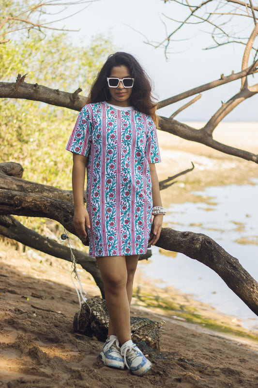 Block Printed T-shirt Dress - Floral Borders