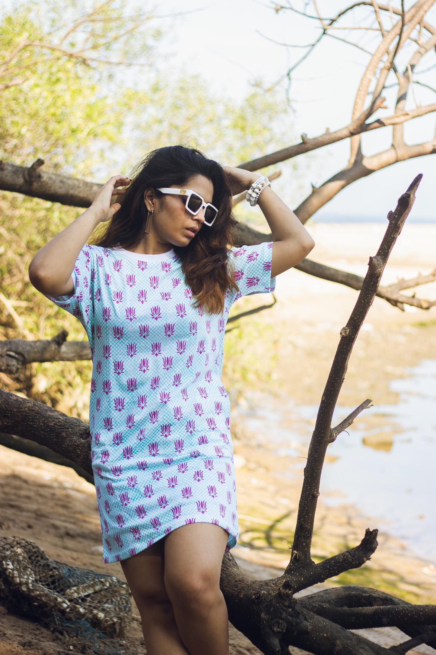 Block Printed T-shirt Dress - Lotus Checks