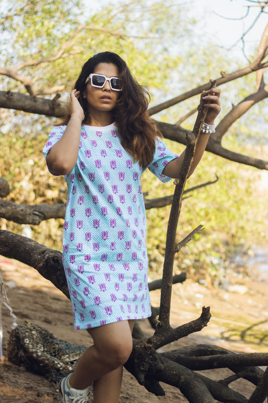 Block Printed T-shirt Dress - Lotus Checks