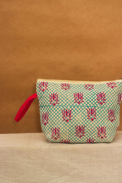 Cotton Pouch • Teal and Pink • Lotus Motif