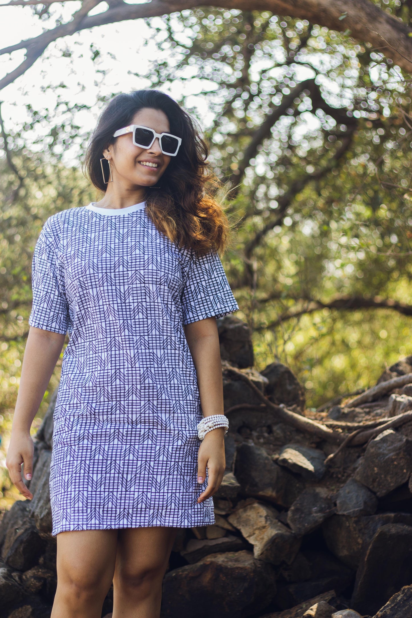 Block Printed T-shirt Dress - Geometric Print