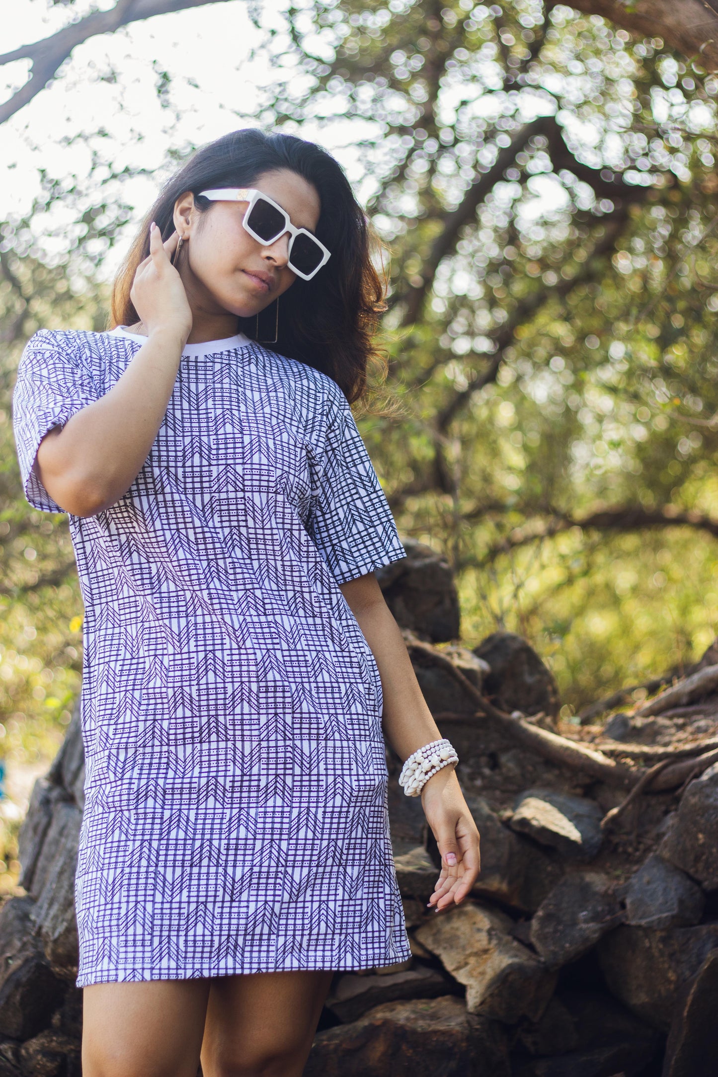 Block Printed T-shirt Dress - Geometric Print