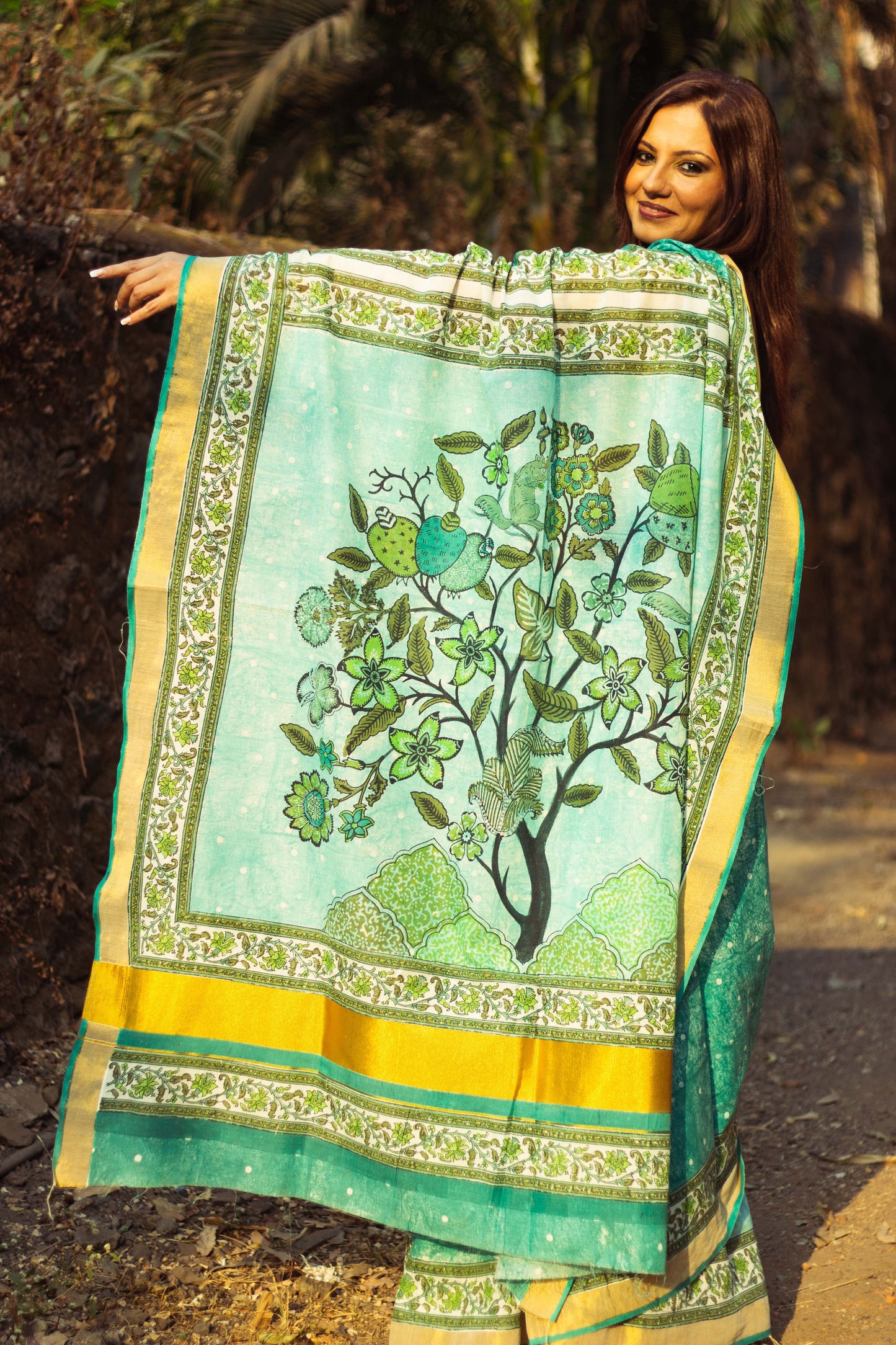Cotton Kasavu Saree,Tree of Life Design •  Sea Green
