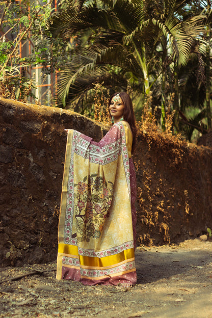 Cotton Kasavu Saree,Tree of Life Design • Wine