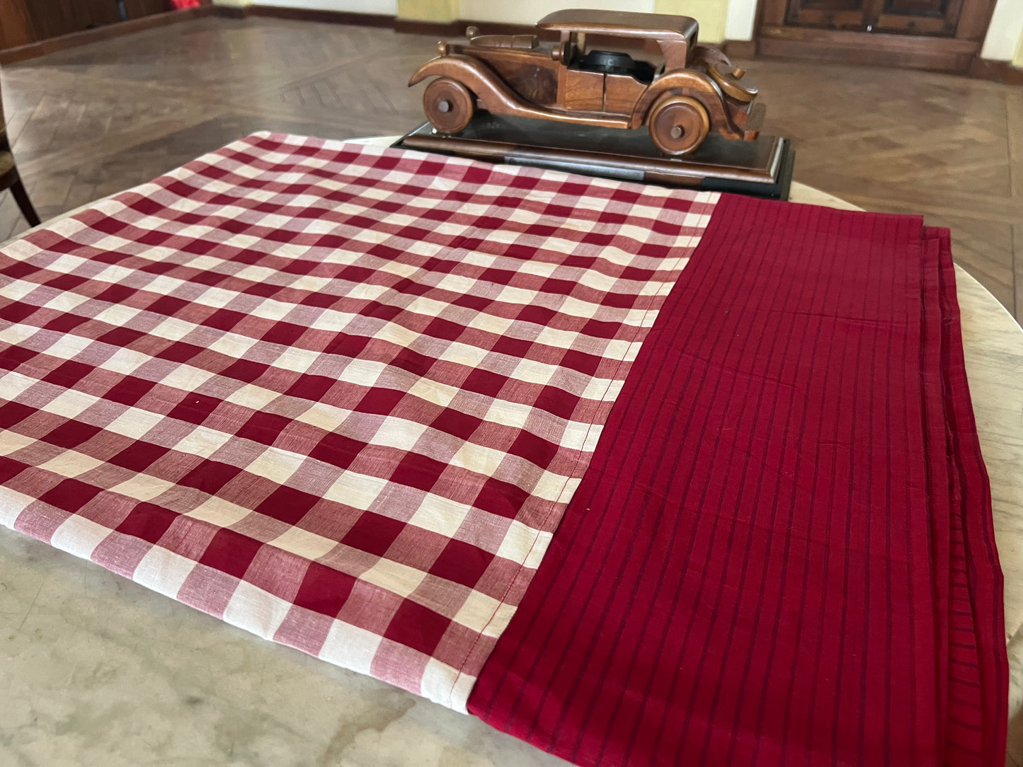 Burgundy Checks, handloom cotton single bedsheet (no pillow covers)