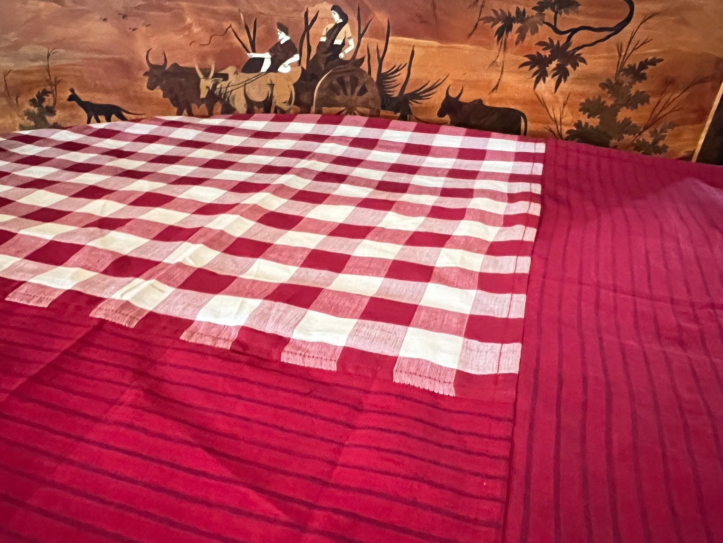 Burgundy Checks, handloom cotton single bedsheet (no pillow covers)