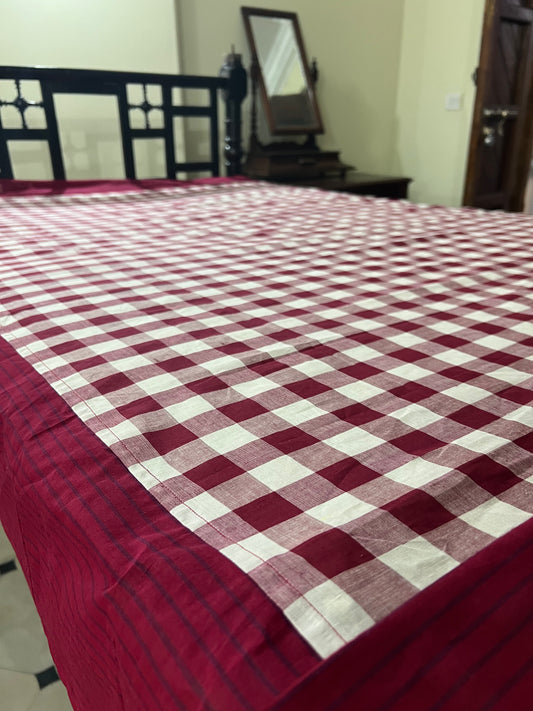 Burgundy Checks, handloom cotton single bedsheet (no pillow covers)