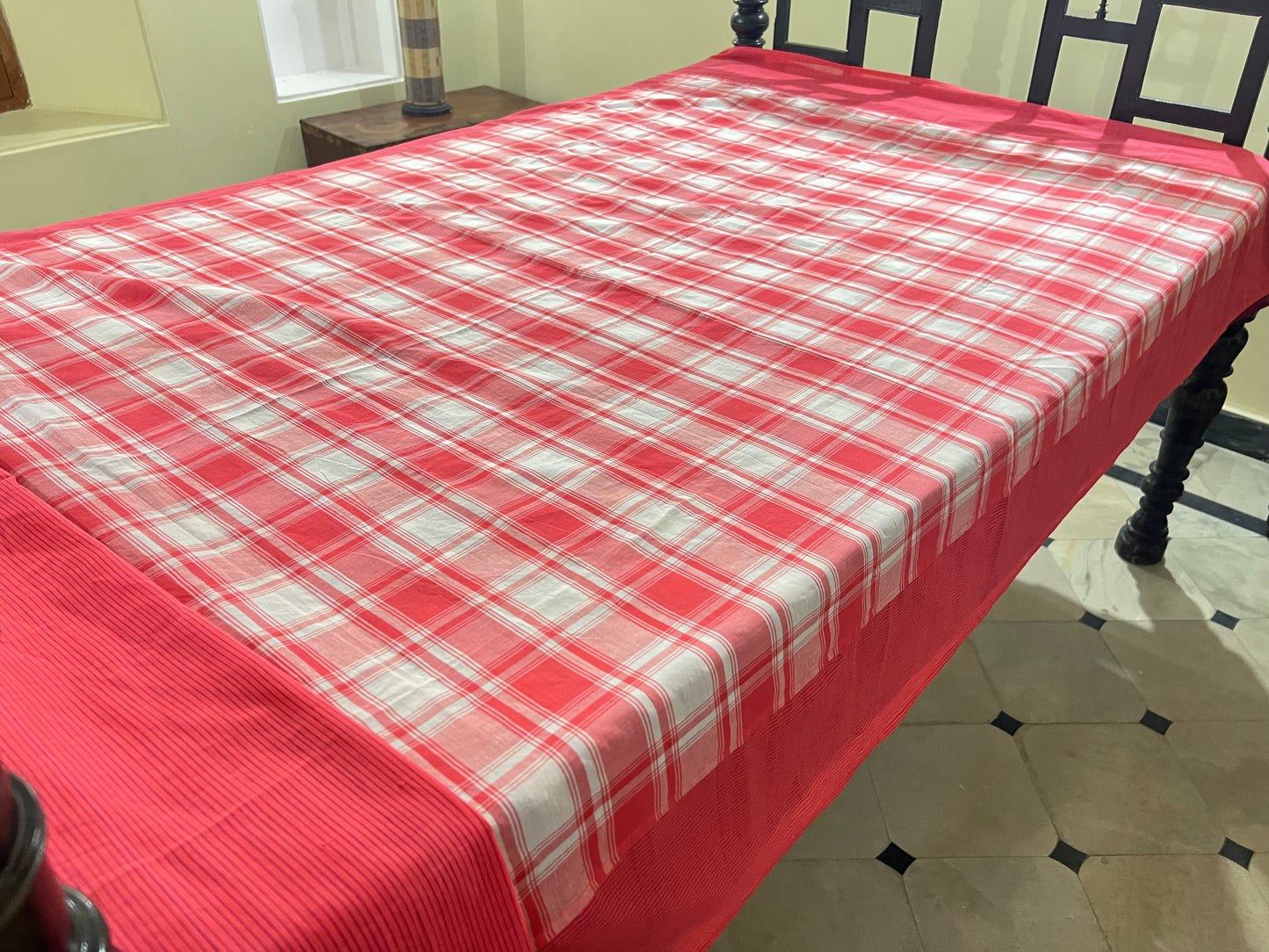 Orange Checks, handloom cotton single bedsheet (no pillow covers)