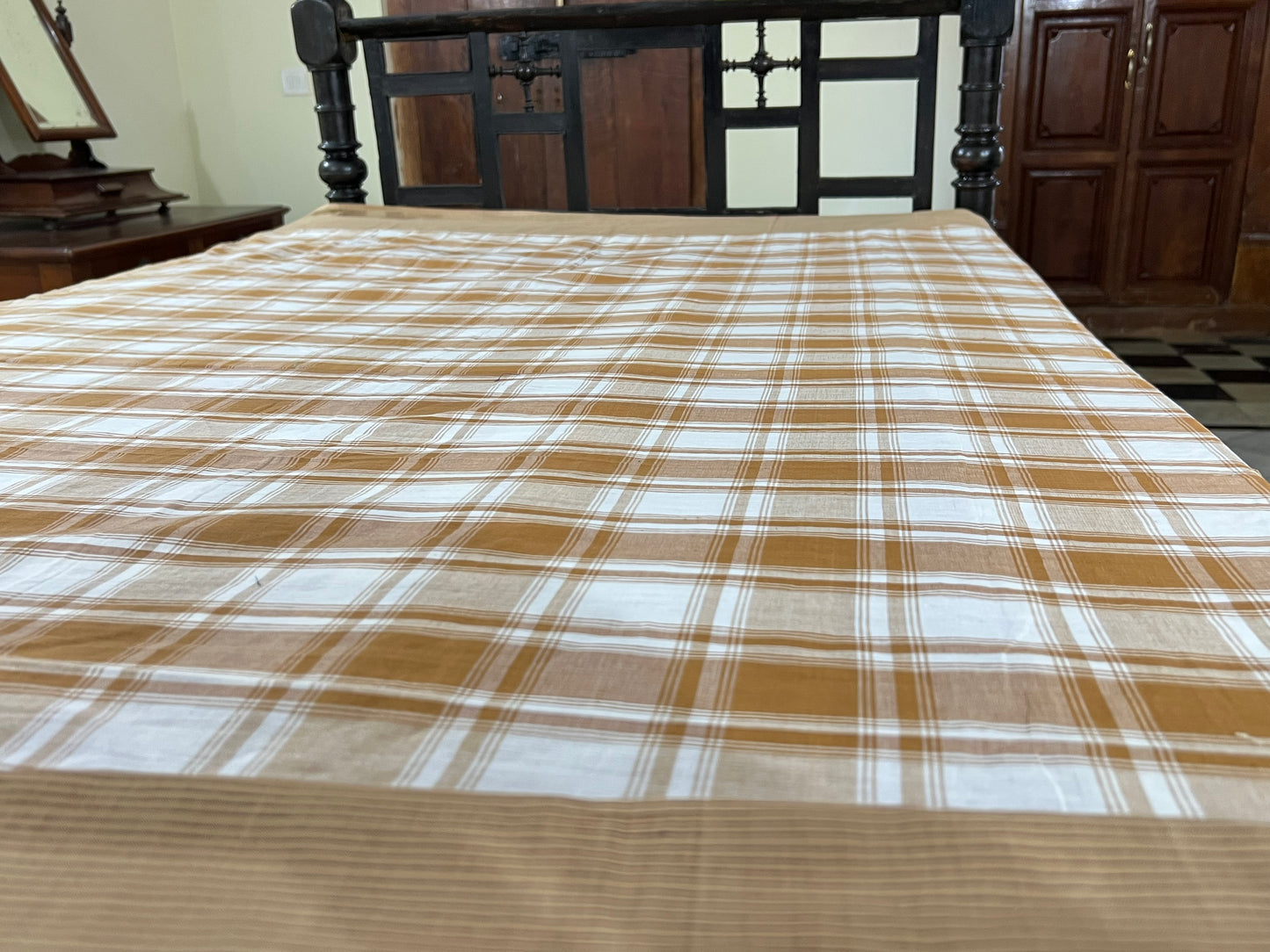 Coffee Checks, handloom cotton single bedsheet (no pillow covers)