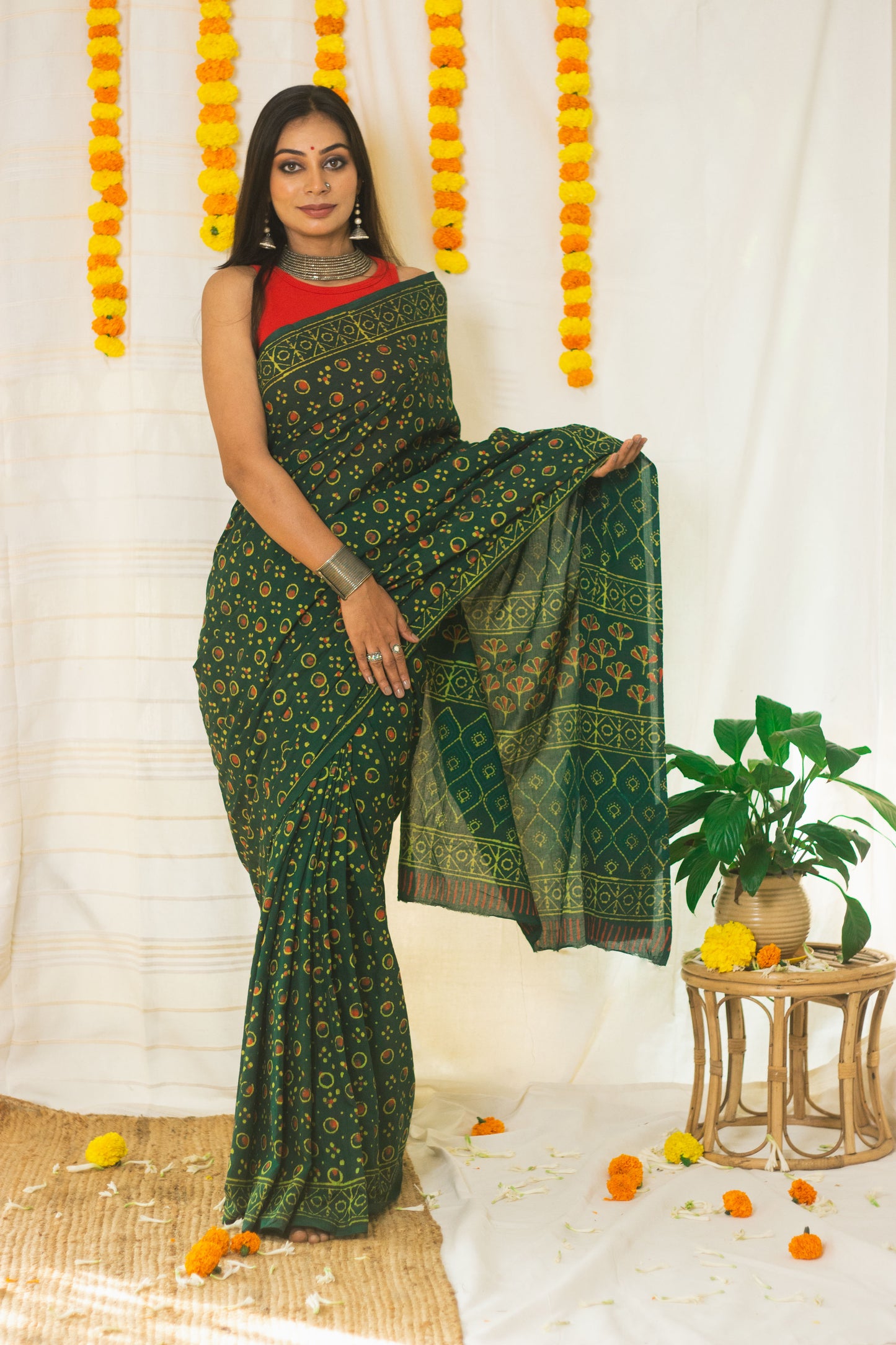 Cotton Mul Bagru Saree Green Ember